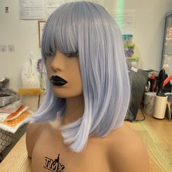 Human hair blend pastel blue bob straight wig