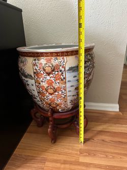Large Ornate Chinese Fishbowl Planter with Wood Stand 25" Tall