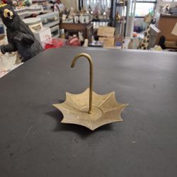 Vintage 1980's Etched Solid Brass Trinket Dish & Ring Holder Shaped Like An Upside Down Umbrella Made In India 5.25"W X 4"H
