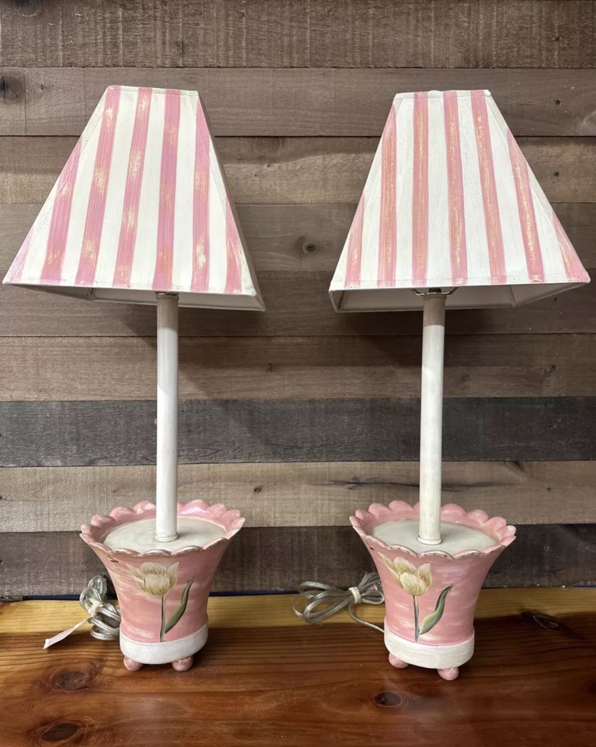 Handpainted Wooden Flower Pot Lamps Set Of 2