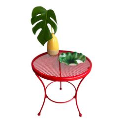 Vintage MCM Red Metal Mesh Round Side Patio Table
