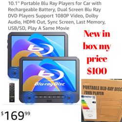 New in box 10.1'' Portable Blu Ray Players for Car with Rechargeable Battery, Dual Screen Blu Ray DVD Players Support 1080P Video, Dolby Audio, HDMI O