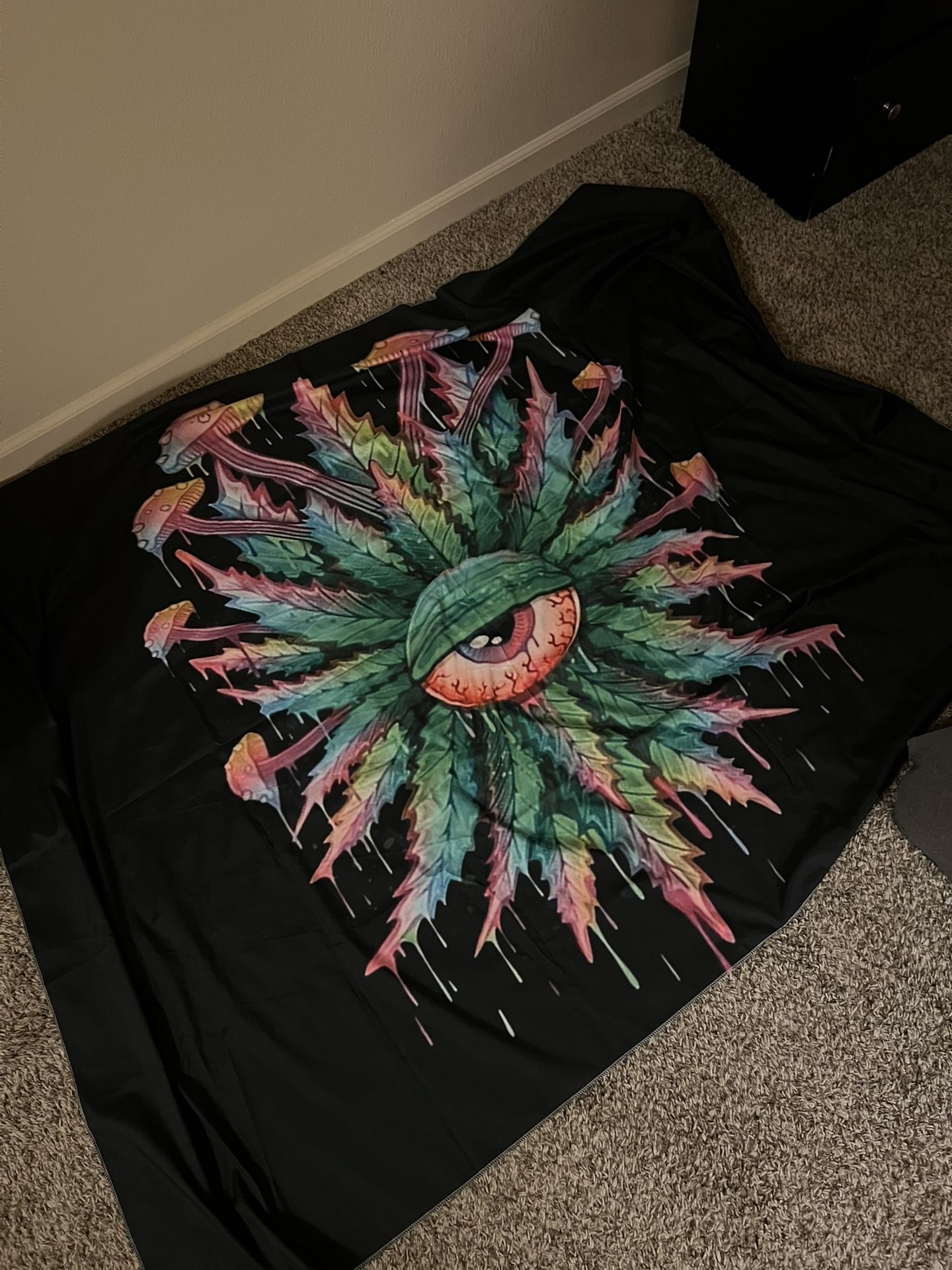 Black And Multicolor Marijuana Leaf Eye Mushroom Tapestry