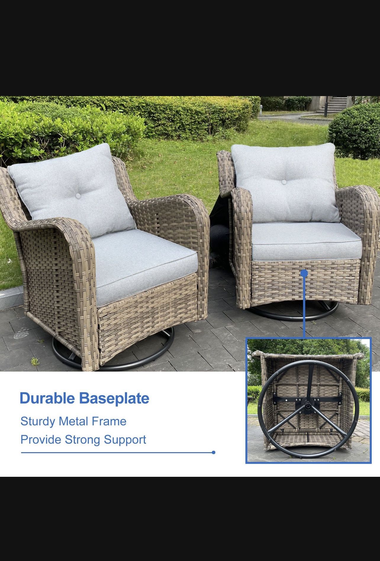 EG002BR Swivel PE Rattan Outdoor Chairs Patio Garden. Furniture For Outdoor Or Indoors Set Of Two Chairs W/ Coffee Table & Cushions, Durable Wicker.