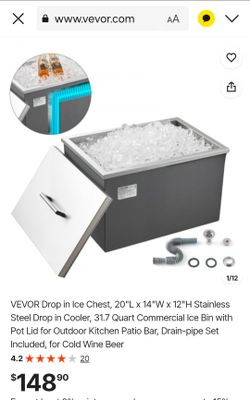 VEVOR Drop in Ice Chest, 20"L x 14"W x 12"H Stainless Steel Drop in Cooler, 31.7 Quart Commercial Ice Bin with Pot Lid for Outdoor Kitchen Patio Bar, 