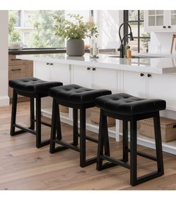 Counter Height Bar Stools Set of 3, 24 Inch Backless Upholstered Leather Counter Stools with Wood Legs, Modern Farmhouse Saddle Stools for Kitchen Isl