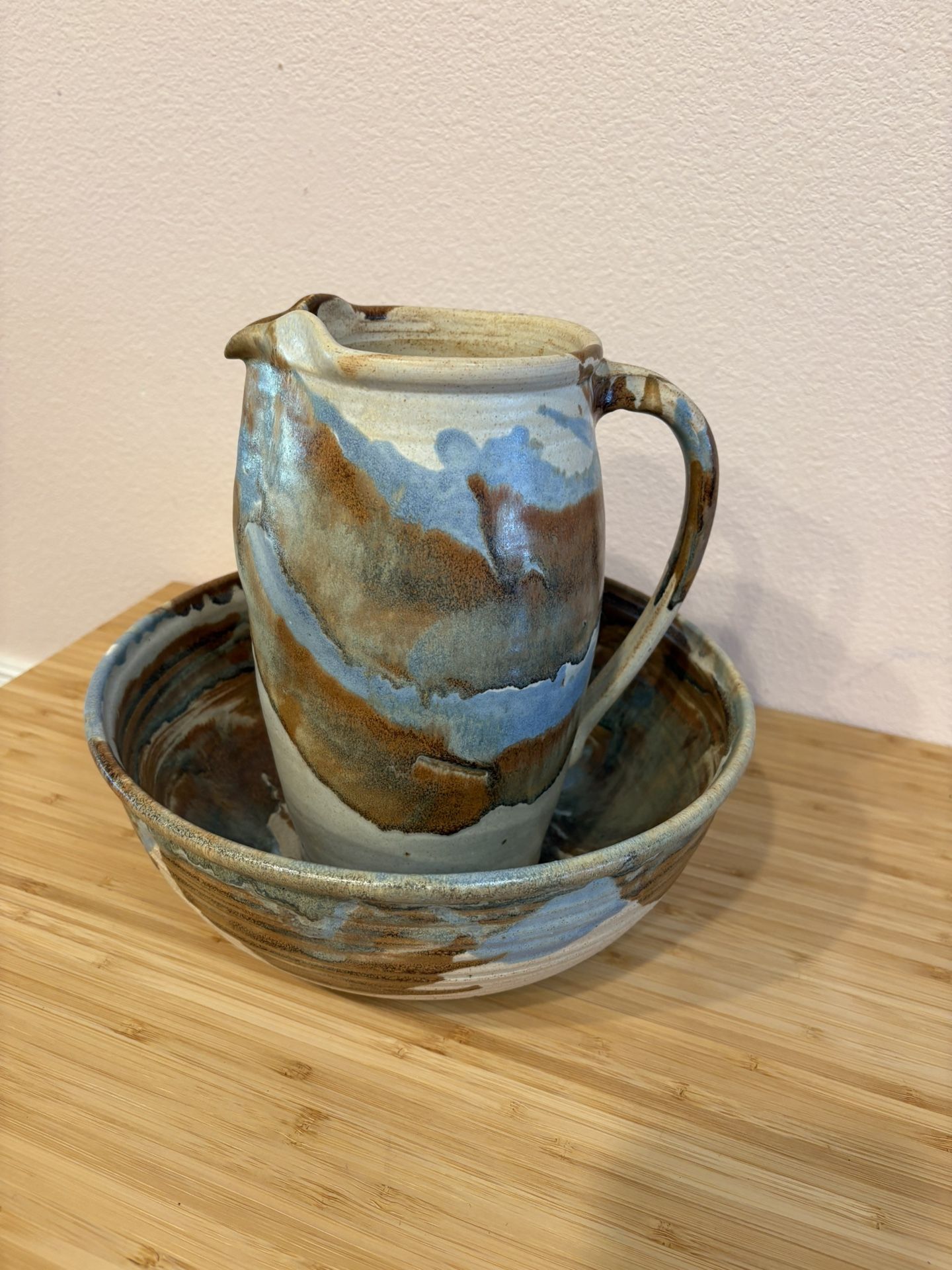 Large Pottery Bowl and Pitcher