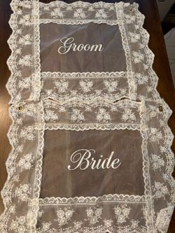 Wedding - bride groom chair sign. White lace, Red long Ribbons. Used 1x