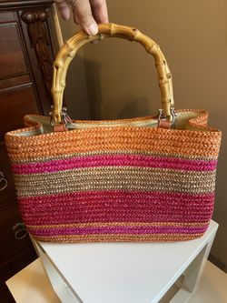 NEW pink & orange wheat straw purse/tote with bamboo handles