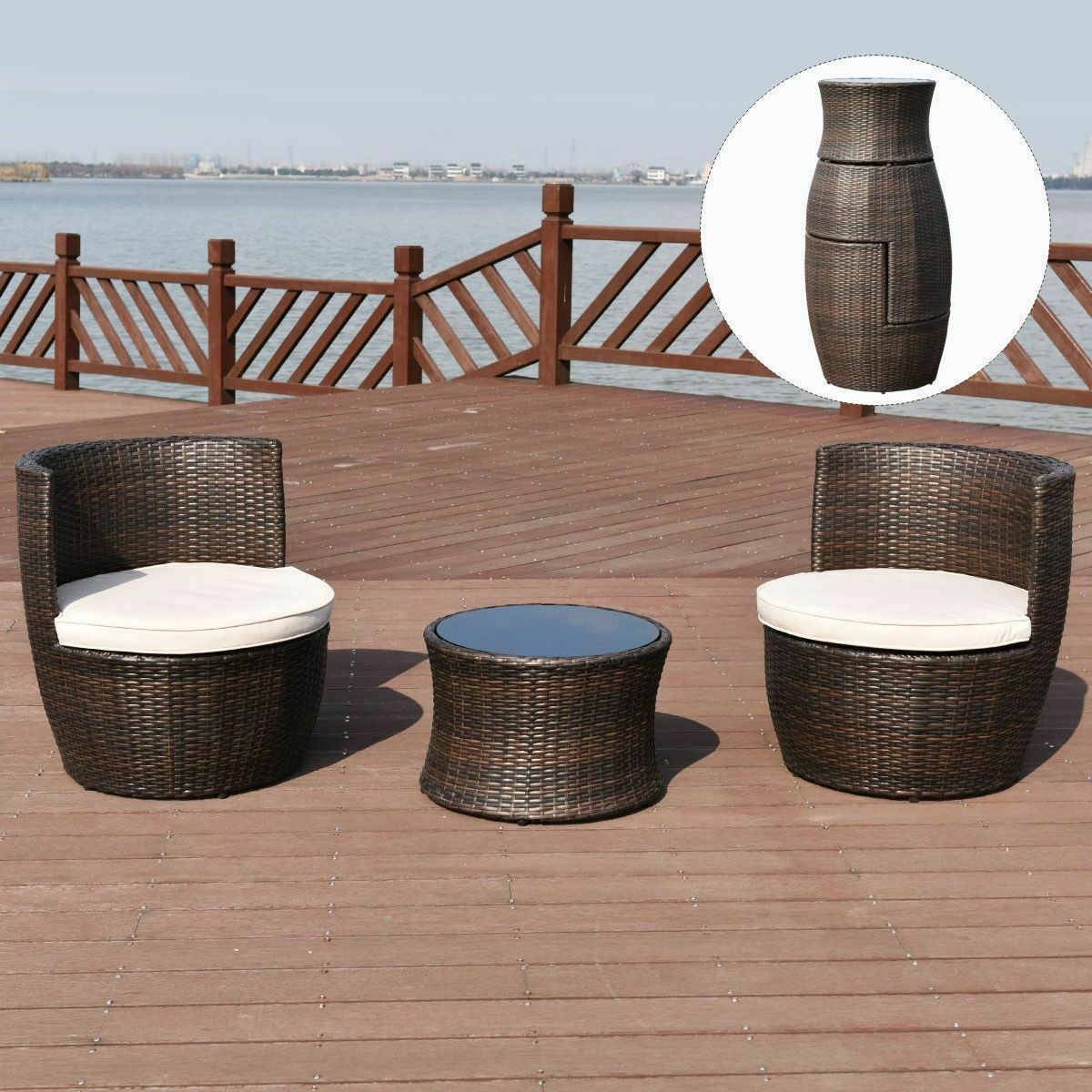 3 Pcs Stackable Rattan Furniture Set Chair Coffee Table Cushioned For Outdoor Patio Porch Garden