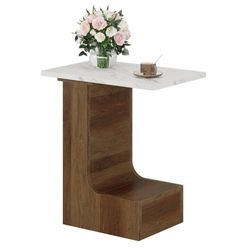 C-Shaped End Table, Industrial C Table for Sofa with Faux Marble Tabletop, 2-Tier Bedside Furniture for Living Room, Bedroom (White & Rustic Brown)