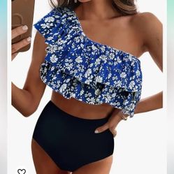 blue and black floral bikini size medium