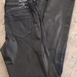 True Religion Billie Mid rise straight Black Shinny Fabric Dressy Jeans 27