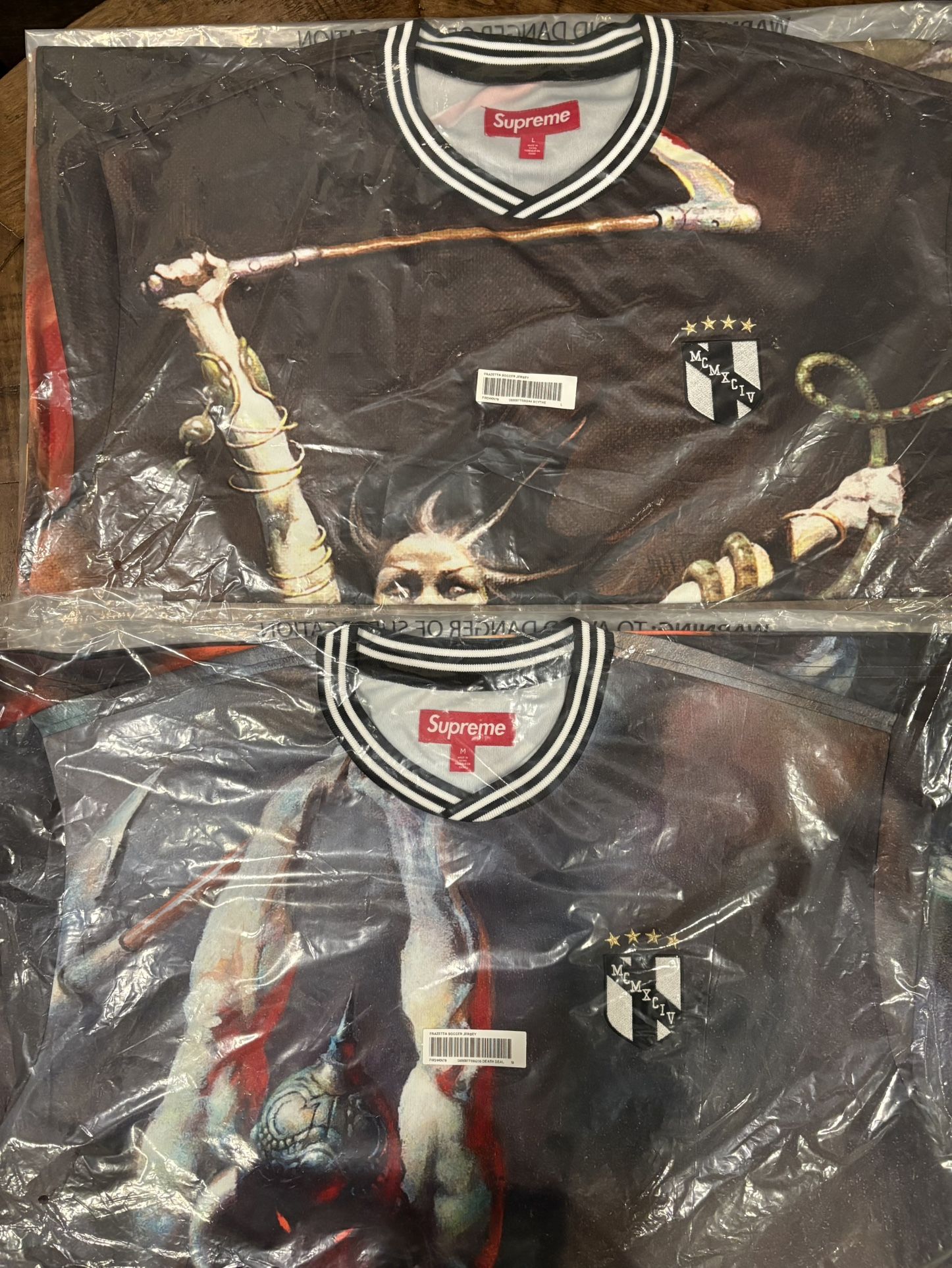 Supreme/Frank Frazetta Soccer Jersey Death Dealer Size M, Woman With Scythe Size L