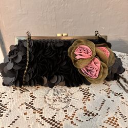 Vintage Ermo Black Evening Purse With Pink Chiffon Flowers 24’’ 