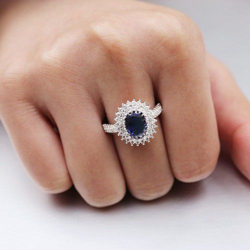 "Elegant Blue 925 Silver Plated Oval Sun Flower Royal Ring for Women, VIP007
  
