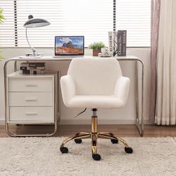 Brand New Faux Fur Office Desk Chair, Comfy Swivel Armchair with Wheels, Upholstered Fuzzy Vanity Chair, Adjustable Height, White 40
