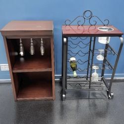 2 pc: mahogany metal bar cart & wine rack & 2 layer wood liquid  modular bar tower $35 ea