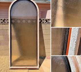 Large 90” Arched Reclaimed Architectural Window – Textured double glass bronze and seeded