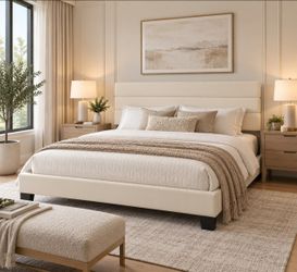 King bed Platform Bed Frame with Fabric Upholstered Headboard and Wooden Slats Support, Fully Upholstered Mattress Foundation/No Box Spring Needed/Eas