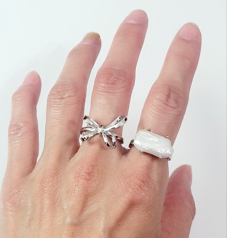A set of 2 two 925 Sterling Silver Women's white stone and bow cuff rings Ring Gift