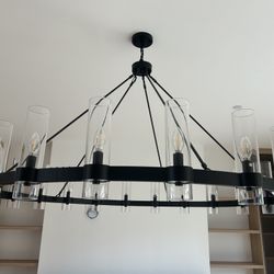 Black Wagon Wheel Chandelier with Glass Shades Adjustable Farmhouse Pendant Light for High Ceilings