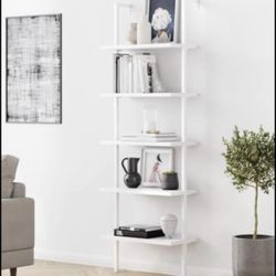 Theo 73 in. White Wood 5-Shelf Ladder Bookcase with White Metal Frame