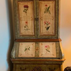 HAND PAINTED SECRETARY DESK, FRONT WITH BOOKCASE HUTCH, DRAWERS