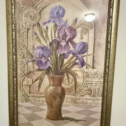 HUGE 41"x29" Ornate Gold Frame - Joan Cole Signed Iris Art - Vintage Patina