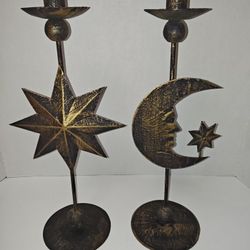 Pair Of Vintage Celestial Metal Candlestick Holders