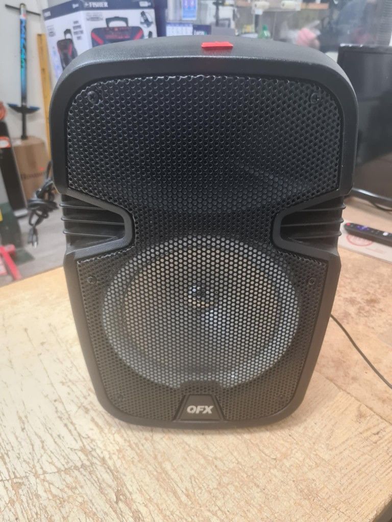 QFX PBX-8074 8” BLUETOOTH RECHARGEABLE SPEAKER WITH LED PARTY LIGHTS, INCLUDES WIRED MICROPHONE AND REMOTE