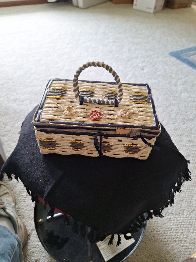 Mid Century Woven Sewing or Trinket Basket - Made In Japan