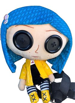 Coraline Plush Doll Blue Hair Yellow Raincoat Zipper Strap Backpack Small 2014