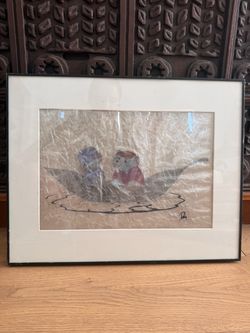 1977 Vintage DISNEY The Rescuers Hand Painted Animation Cel - Bernard & Bianca Leaf Boat - Framed