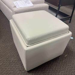 Storage Ottoman Cube with Tray Lid, Small Footstool with Storage, Square End Table for Living Room and Bedroom, Faux Leather in Light Gray $70