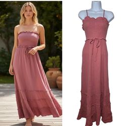 Sim & Sam Dusty Rose Tiered Ruffle Convertible Maxi Sun Dress Gauzy Cotton M New