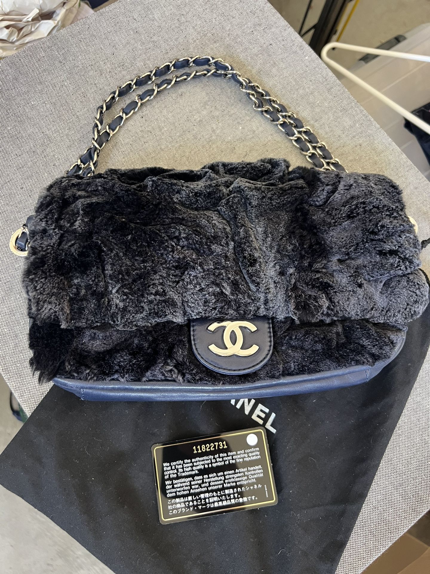 Authentic Chanel Rabbit Fur And Leather Classic Single Flap Handbag
