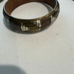 Vintage Brass Copper Silver Tone Woven Metal Inlay Chunky Boho Bangle Bracelet 