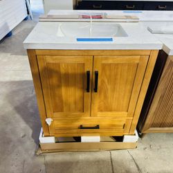 30” Bathroom Vanity in teak , single sink soft close solid wood with vanity top in white  $489 