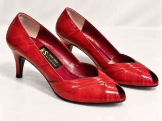 Vintage KS Red Eel Skin Peep-Toe Heels, Size 7 – Hand Made