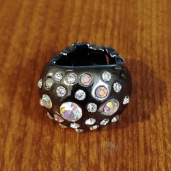Stretch One Size Vintage Black Enamel Crystal-Set Cocktail Ring