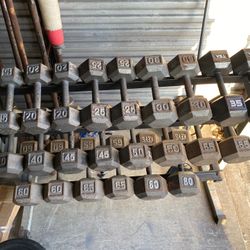 Hex Dumbells 5-65s And 80s (1060lbs) With Rack