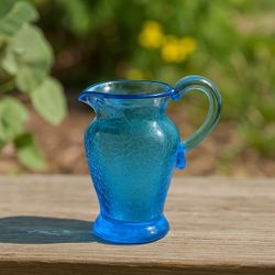 Vintage 1960s Crackle Glass Blue Mini Pitcher Hand-Blown Applied Handle, 3.5x2”