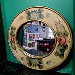 Vintage Barbola mirror featuring hand-painted floral decorations on the frame.21" 