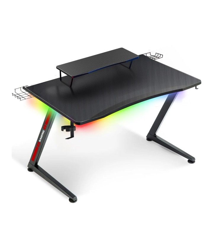 ONLY 2 LEFT NEW GTRACING Ergonomic Curved 3-Sided LED Z-Leg Gaming Desk, Black