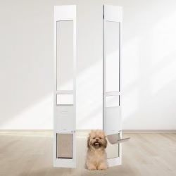98} Dog Door for Sliding Glass Door, 75 7/8"-80 11/16" Adjustable Height Doggy Door for Sliding Doors, Aluminum Frame Tempered Glass Pet Door with Hin