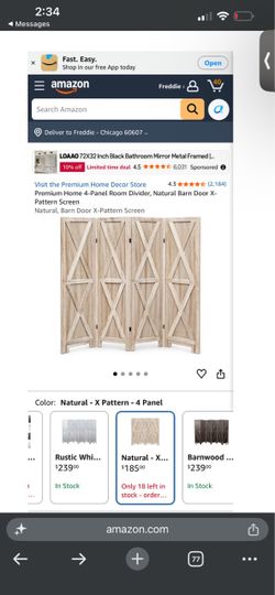 Premium Home 4-Panel Room Divider, Natural Barn Door X-Pattern Screen