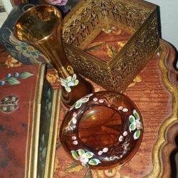 X2 VINTAGE HAND PAINTED GOLD FLORAL FLOWER BOHEMIAN CZECH CZECHOSLOVAKIAN AMBER VASE & BOWL ASHTRAY SET