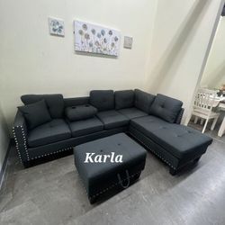 Beautiful 3-Pc Black Sectional Sofa With Storage Ottoman 