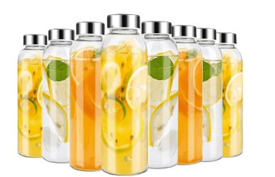 18 oz Glass Juice Bottles with Lids, Reusable Clear Glass Water Bottles Set of 8 with Stainless Steel Airtight Cap for Refrigerator, 100% Leak Proof,